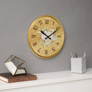 Elegant Golden Wall Clock With Flowers  ラージ壁時計
