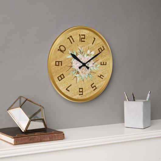 Elegant Golden Wall Clock With Flowers  ラージ壁時計 (オフィス)