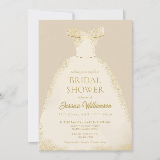 Elegant Golden Wedding Gown Dress Bridal Shower 招待状 (正面)