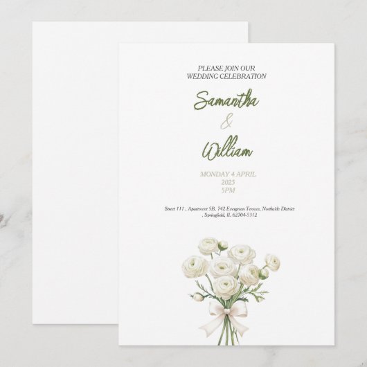 elegant golden white rose wedding invitation 招待状 (正面/裏面)