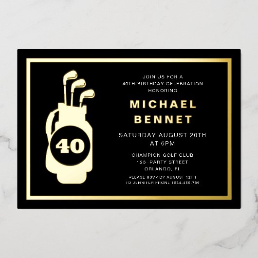 Elegant Golf 40th Birthday 箔招待状 (正面)
