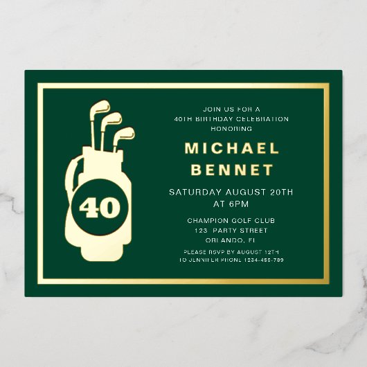 Elegant Golf 40th Birthday 箔招待状 (正面)
