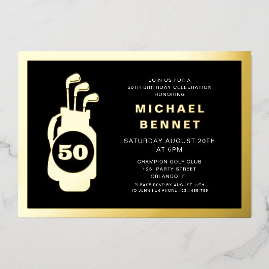 Elegant Golf 50th Birthday 箔招待状 (正面)