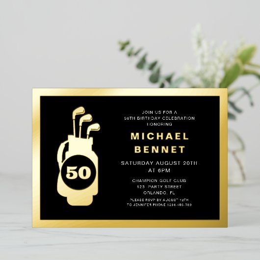 Elegant Golf 50th Birthday 箔招待状 (立ち正面)