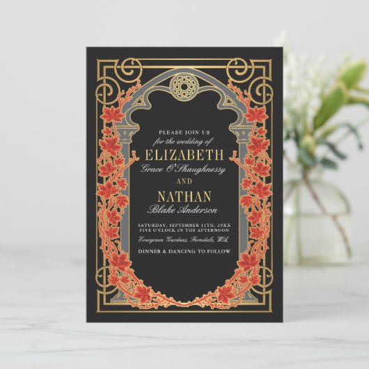 Elegant Gothic Autumn Cathedral Frame Wedding  招待状 (スタンド正面)