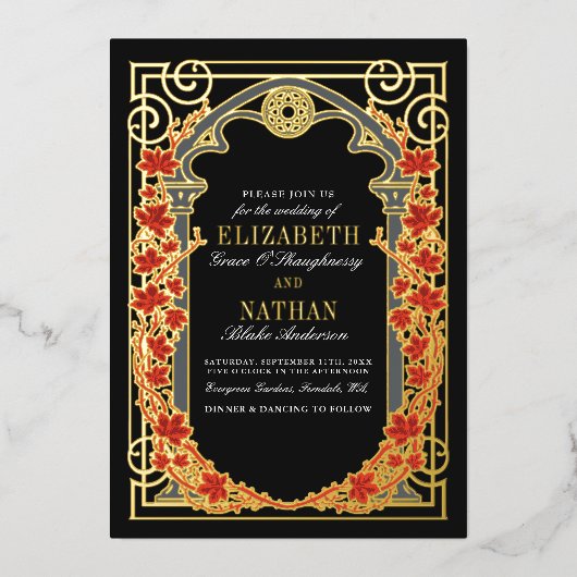 Elegant Gothic Autumn Cathedral Frame Wedding  箔招待状 (正面)