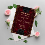 Elegant Gothic Dark Romance Wedding Save the Date 招待状<br><div class="desc">Set the tone for your big day with this Gothic romance wedding Save the Date. Designed with a deep burgundy background, black and dark red roses, ornate gold borders, and elegant Gothic calligraphy, it creates a moody yet romantic Victorian-inspired aesthetic. Perfect for couples seeking a darkly elegant, Gothic fairytale wedding....</div>
