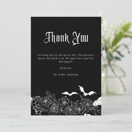 Elegant Gothic Floral Black Wedding Photo サンキューカード (スタンド正面)