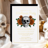 Elegant Gothic Floral Skull Halloween Gold 箔招待状