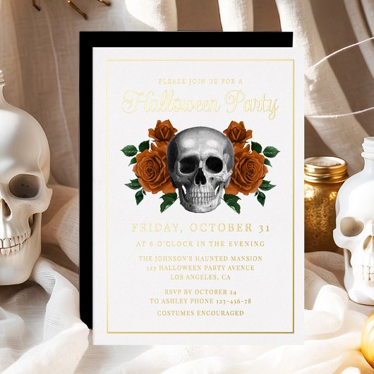 Elegant Gothic Floral Skull Halloween Gold 箔招待状