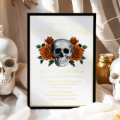 Elegant Gothic Floral Skull Halloween Gold 箔招待状