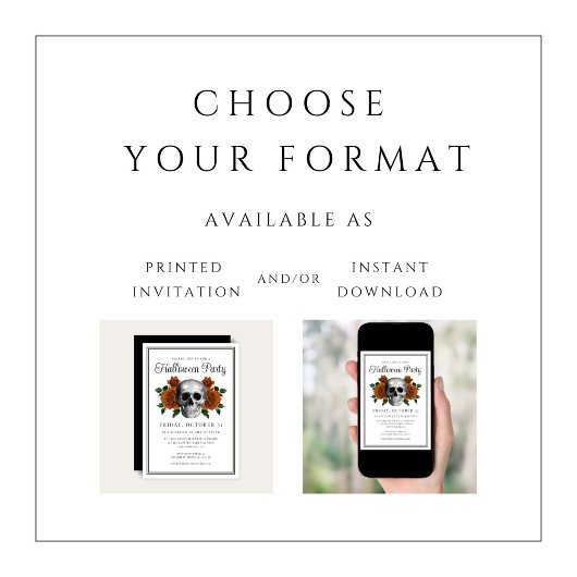 Elegant Gothic Floral Skull Halloween Invitation 招待状