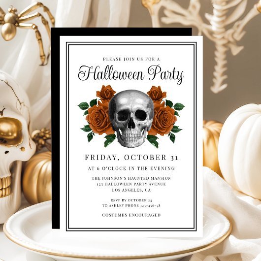 Elegant Gothic Floral Skull Halloween Invitation 招待状