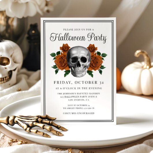 Elegant Gothic Floral Skull Halloween Invitation 招待状