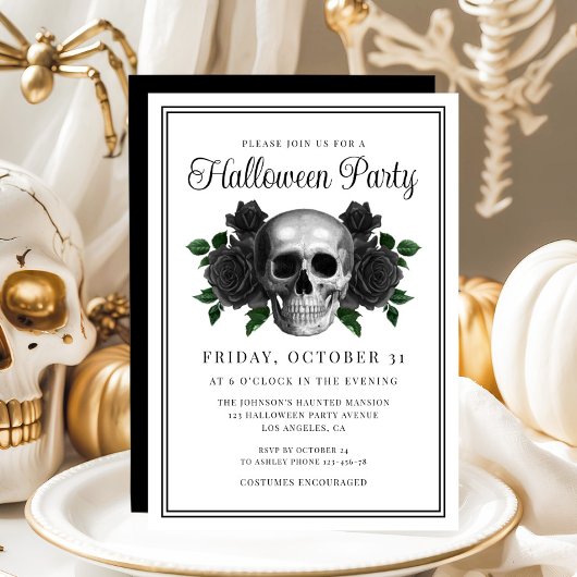 Elegant Gothic Floral Skull Halloween Invitation 招待状