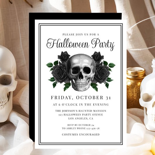 Elegant Gothic Floral Skull Halloween Invitation 招待状