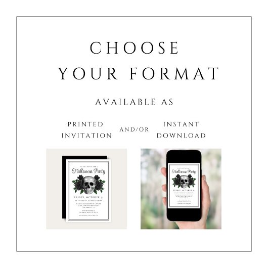 Elegant Gothic Floral Skull Halloween Invitation 招待状