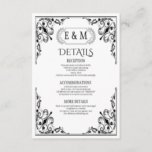 Elegant Gothic Monogram Wedding Details エンクロージャーカード (正面)
