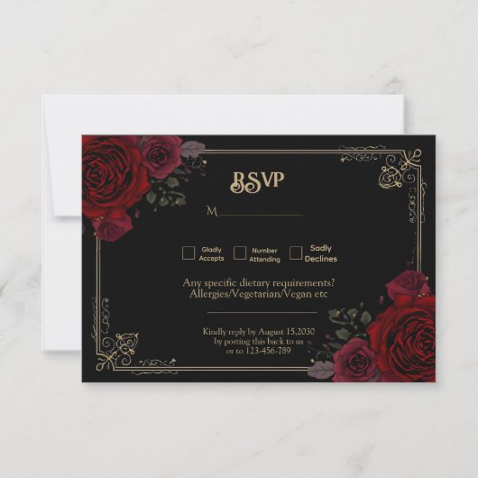 Elegant Gothic Romance Roses Wedding RSVP (正面)