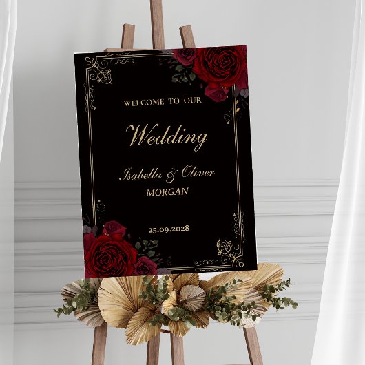 Elegant Gothic Romance Roses Wedding Welcome Sign ポスター