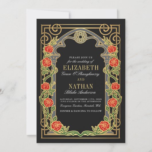 Elegant Gothic Roses Cathedral Frame Wedding  招待状 (正面)