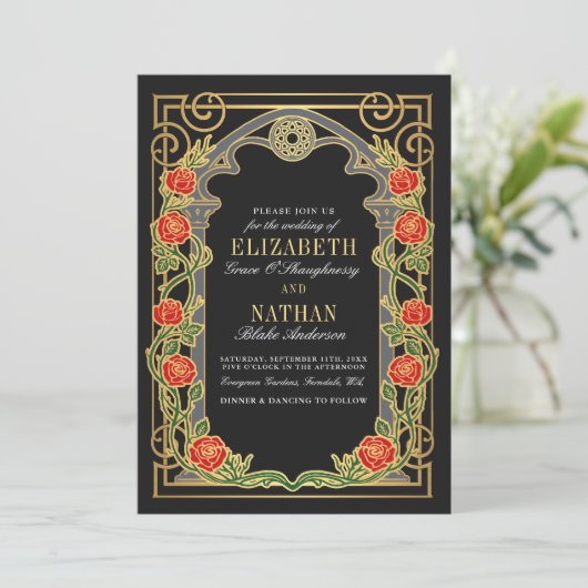 Elegant Gothic Roses Cathedral Frame Wedding  招待状 (スタンド正面)