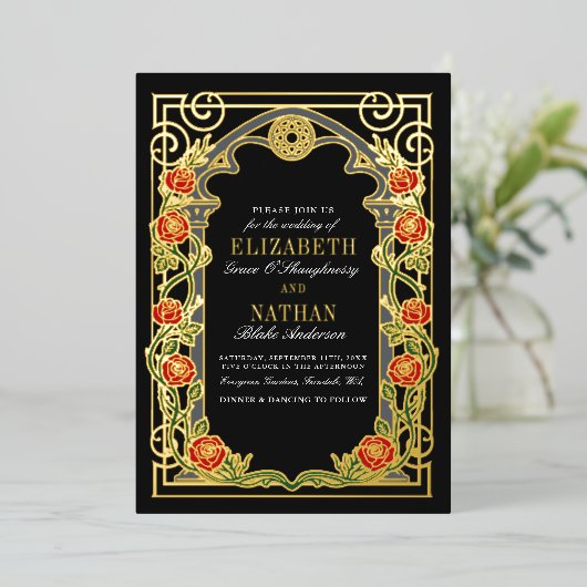 Elegant Gothic Roses Cathedral Frame Wedding 箔招待状 (立ち正面)