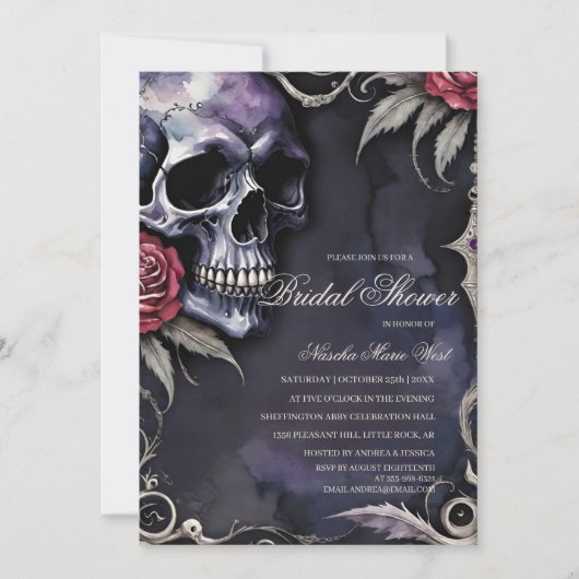 Elegant Gothic Skull & Red Roses Bridal Shower 招待状 (正面)