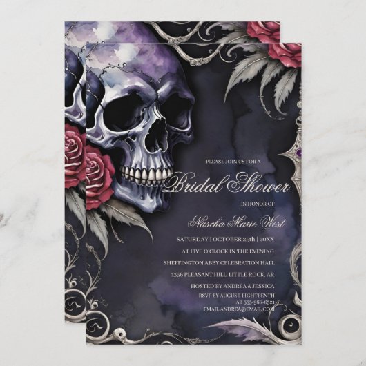 Elegant Gothic Skull & Red Roses Bridal Shower 招待状 (正面/裏面)