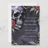 Elegant Gothic Skull & Red Roses Wedding 招待状 (正面)