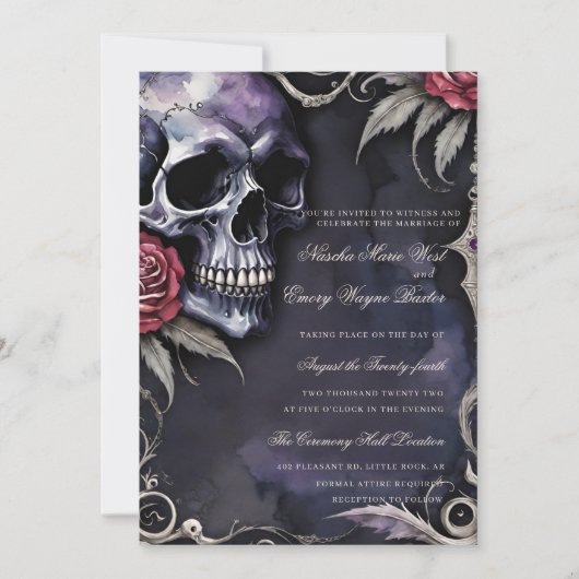 Elegant Gothic Skull & Red Roses Wedding 招待状 (正面)