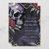 Elegant Gothic Skull & Red Roses Wedding 招待状 (正面/裏面)