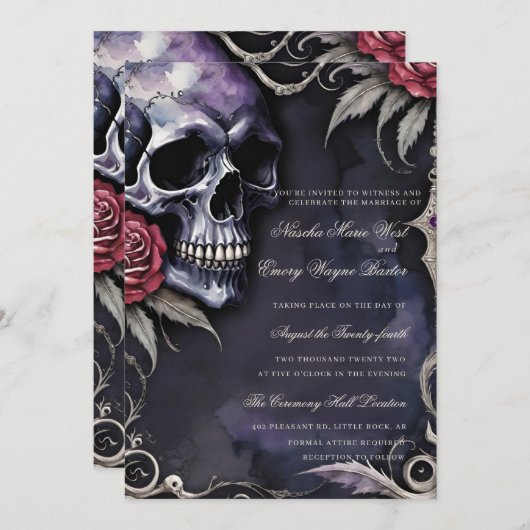 Elegant Gothic Skull & Red Roses Wedding 招待状 (正面/裏面)