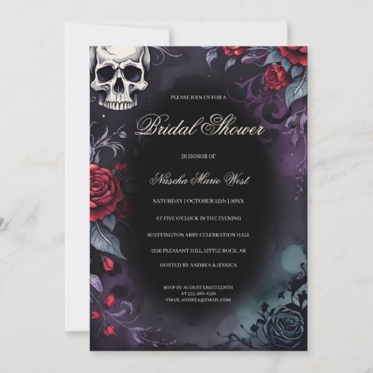 Elegant Gothic Skull & Roses Bridal Shower 招待状 (正面)