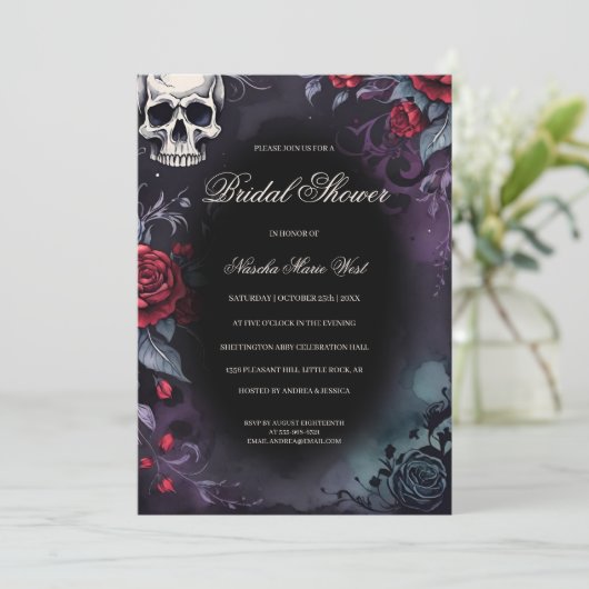 Elegant Gothic Skull & Roses Bridal Shower 招待状 (スタンド正面)