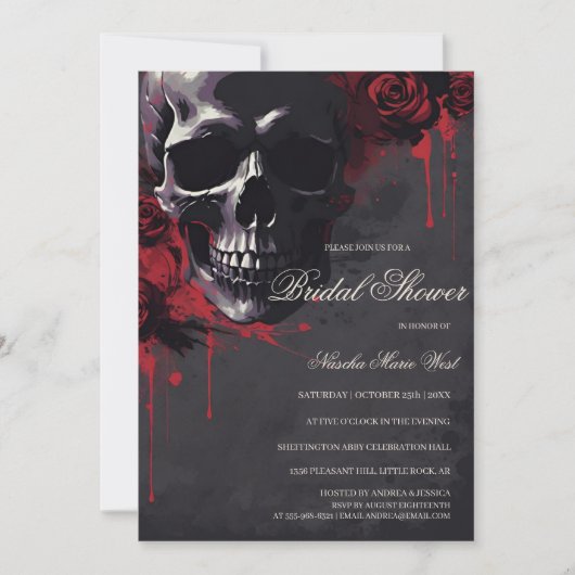Elegant Gothic Skull & Roses Bridal Shower 招待状 (正面)
