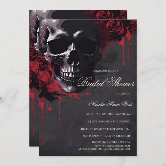 Elegant Gothic Skull & Roses Bridal Shower 招待状 (正面/裏面)