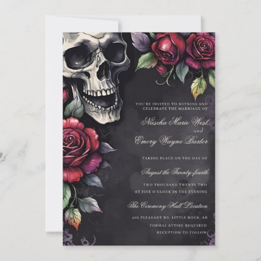 Elegant Gothic Skull & Roses Wedding 招待状 (正面)