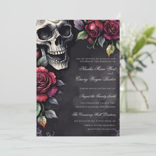 Elegant Gothic Skull & Roses Wedding 招待状 (スタンド正面)