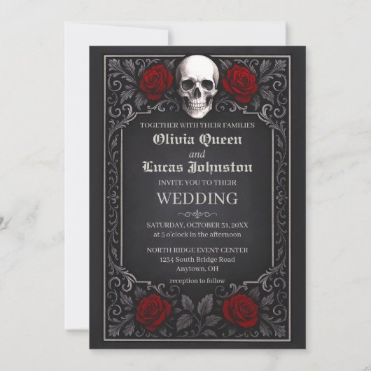 Elegant Gothic Skull & Roses Wedding Invitation 招待状 (正面)
