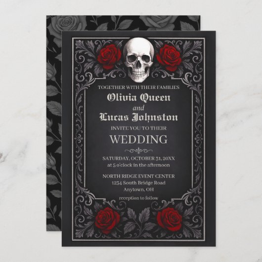 Elegant Gothic Skull & Roses Wedding Invitation    招待状 (正面/裏面)