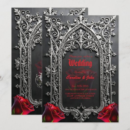 Elegant Gothic Wedding Rose Frame  招待状 (正面/裏面)