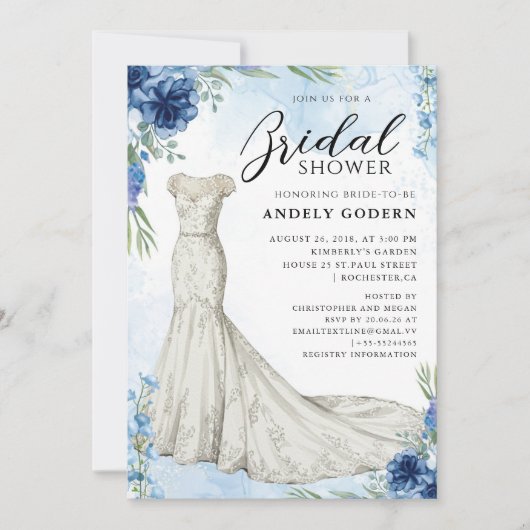 Elegant Gown Illustration with  Bridal Shower 招待状 (正面)