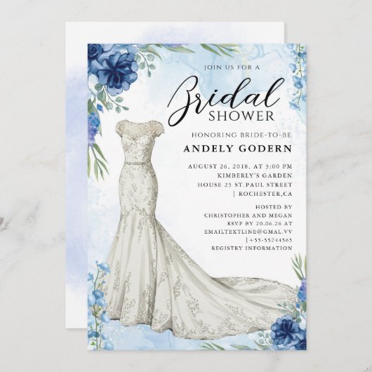 Elegant Gown Illustration with  Bridal Shower 招待状 (正面/裏面)