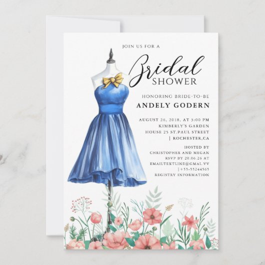 Elegant Gown Illustration with  Bridal Shower 招待状 (正面)