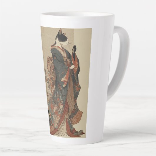 "Elegant Grace" 和風の着物を着た猫の美術 カフェラテマグ (右アングル)