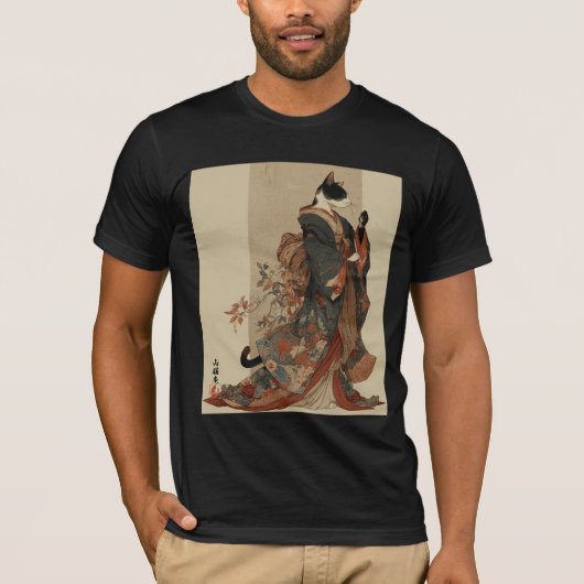 "Elegant Grace" 和風猫の着物アート Tシャツ (正面)
