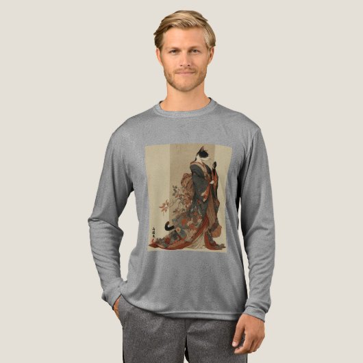 "Elegant Grace" 日本の着物猫アート トライブレンドTシャツ (正面全体)