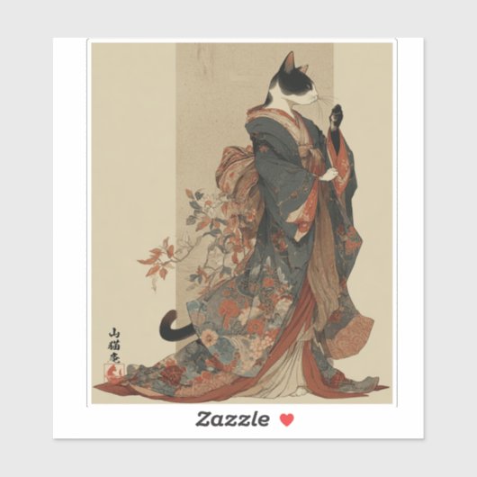 "Elegant Grace" Japanese Cat in Kimono Art シール (シート)