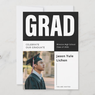 Elegant Grad Photo Black and White Graduation 招待状